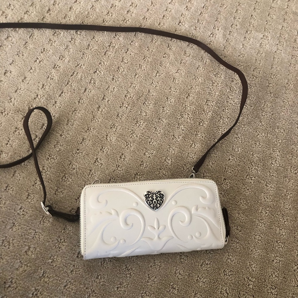 Brighton White Embossed Heart Crossbody Wallet with Brown Strap